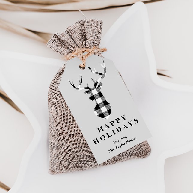 Étiquettes-cadeau Noir Buffalo Plaid Noir Cerf Silhouette (Créateur téléchargé)