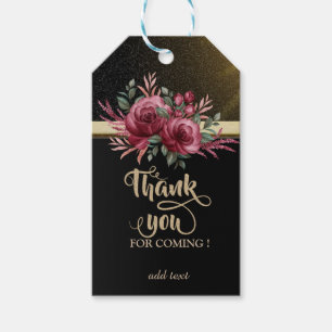 Étiquettes-cadeau Noir chic, rayure or, merci floral