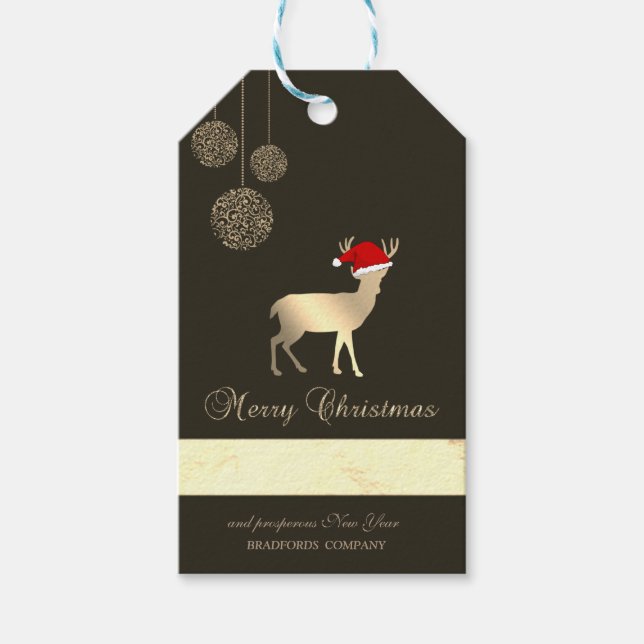 Étiquettes-cadeau Noir élégant, Cerf de Noël, Santa Hat, Société (Devant)