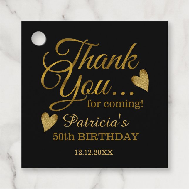 Étiquettes Cadeau Noir et Or 50e anniversaire Merci (Devant)