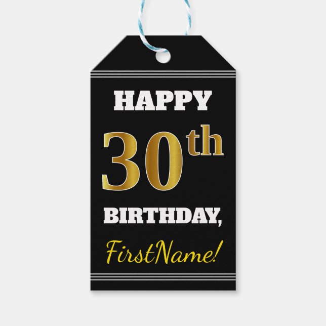 Étiquettes-cadeau Noir, Faux Gold 30e anniversaire + Nom personnalis (Devant)