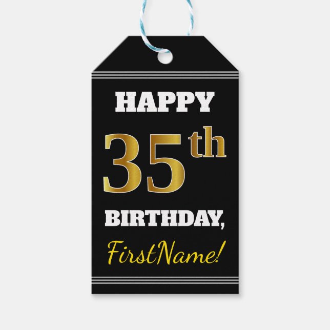 Étiquettes-cadeau Noir, Faux Gold 35e anniversaire + Nom personnalis (Devant)