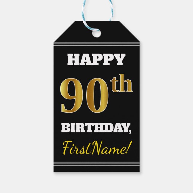 Étiquettes-cadeau Noir, Faux Gold 90e anniversaire + Nom personnalis (Devant)