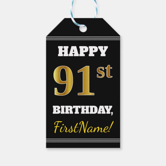 Étiquettes-cadeau Noir, Faux Gold 91ème Anniversaire + Nom personnal (Devant)