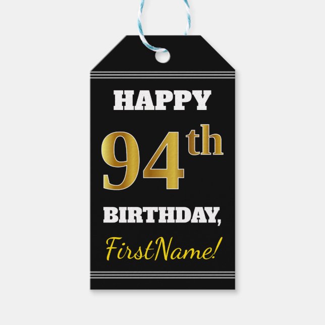 Étiquettes-cadeau Noir, Faux Gold 94e anniversaire + Nom personnalis (Devant)