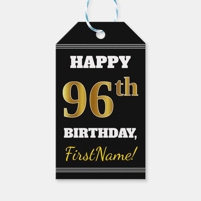 Étiquettes-cadeau Noir, Faux Gold 96e anniversaire + Nom personnalis (Devant)