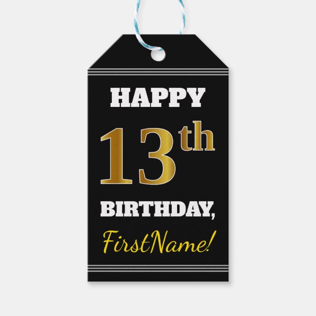 Étiquettes-cadeau Noir, Faux Or 13ème anniversaire + Nom personnalis (Devant)