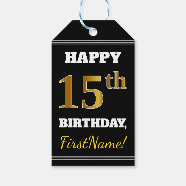 Étiquettes-cadeau Noir, Faux Or 15e anniversaire + Nom personnalisé (Devant)