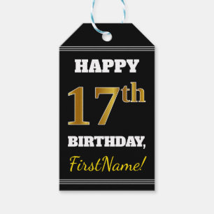 Étiquettes-cadeau Noir, Faux Or 17ème anniversaire + Nom personnalis