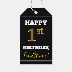 Étiquettes-cadeau Noir, Faux Or 1er anniversaire + Nom personnalisé