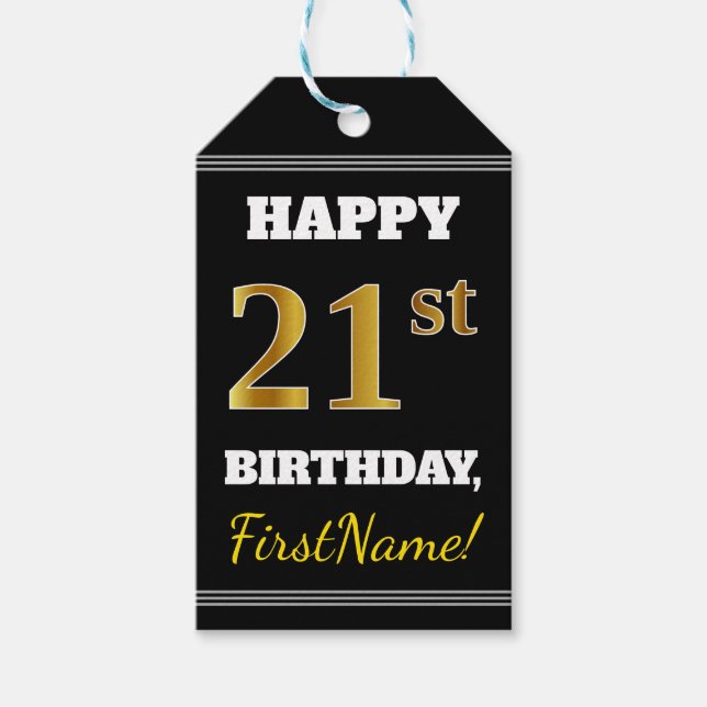 Étiquettes-cadeau Noir, Faux Or 21e Anniversaire + Nom personnalisé (Devant)