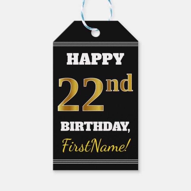 Étiquettes-cadeau Noir, Faux Or 22e anniversaire + Nom personnalisé (Devant)