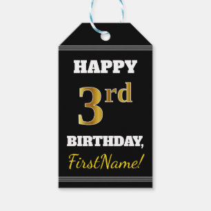 Étiquettes-cadeau Noir, Faux Or 3ème anniversaire + Nom personnalisé