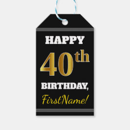 Étiquettes-cadeau Noir, Faux Or 40ème Anniversaire + Nom personnalis