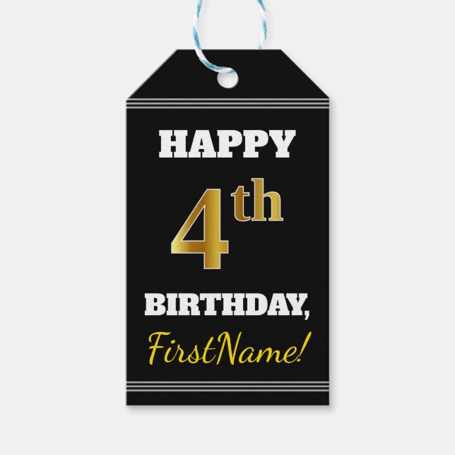Étiquettes-cadeau Noir, Faux Or 4ème anniversaire + Nom personnalisé (Devant)