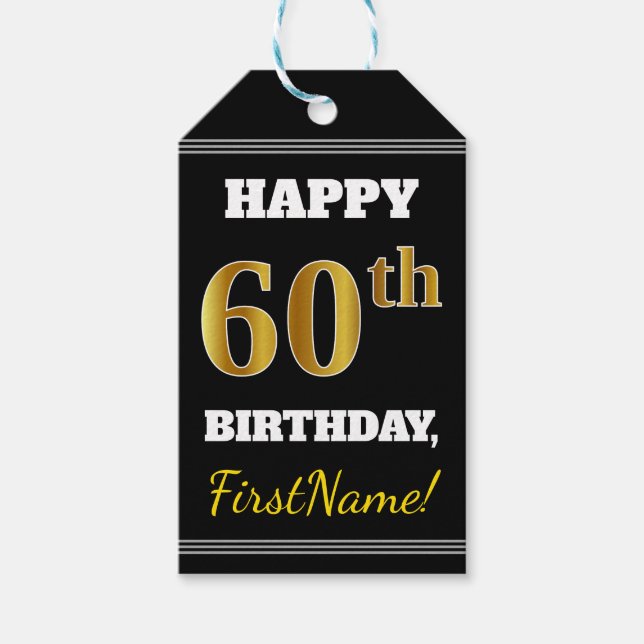 Étiquettes-cadeau Noir, Faux Or 60e anniversaire + Nom personnalisé (Devant)