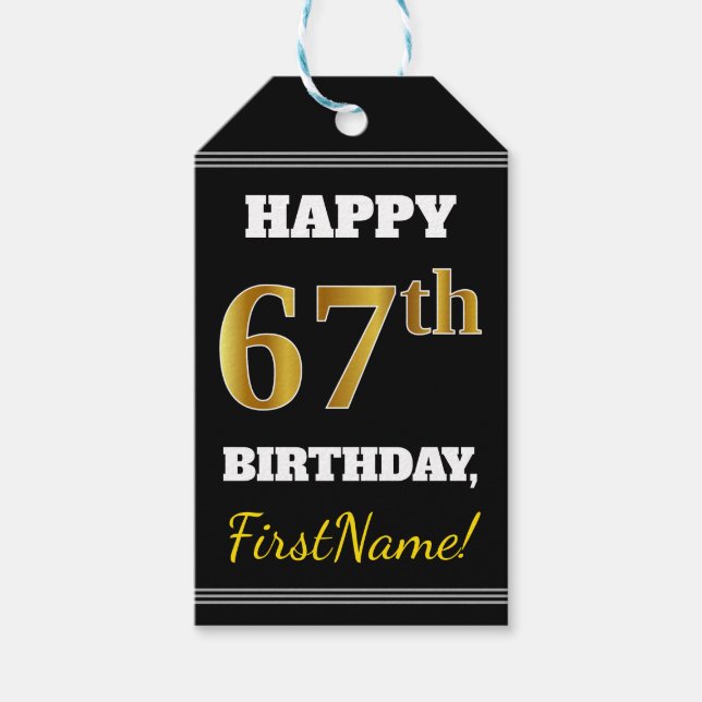 Étiquettes-cadeau Noir, Faux Or 67e anniversaire + Nom personnalisé (Devant)