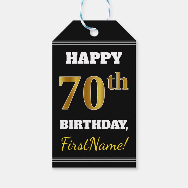 Étiquettes-cadeau Noir, Faux Or 70e anniversaire + Nom personnalisé (Devant)