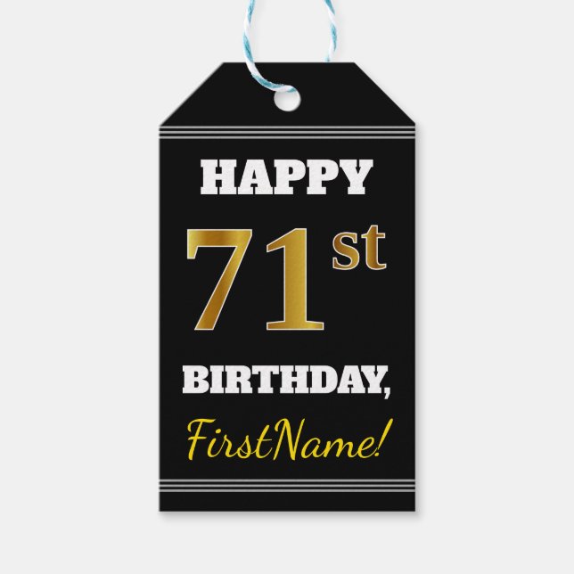 Étiquettes-cadeau Noir, Faux Or 71e anniversaire + Nom personnalisé (Devant)