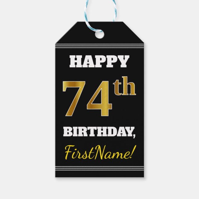 Étiquettes-cadeau Noir, Faux Or 74e anniversaire + Nom personnalisé (Devant)