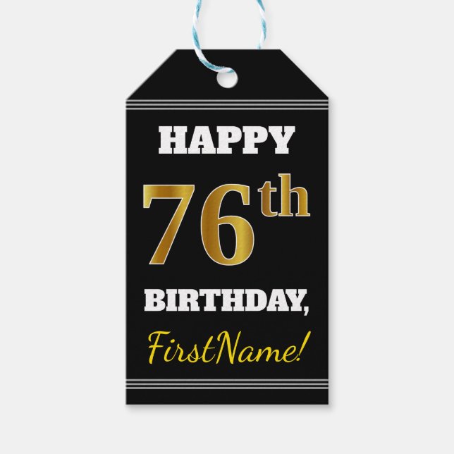 Étiquettes-cadeau Noir, Faux Or 76e anniversaire + Nom personnalisé (Devant)