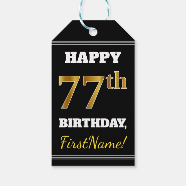Étiquettes-cadeau Noir, Faux Or 77e anniversaire + Nom personnalisé (Devant)