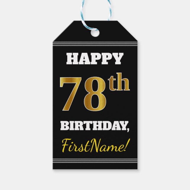 Étiquettes-cadeau Noir, Faux Or 78e anniversaire + Nom personnalisé (Devant)