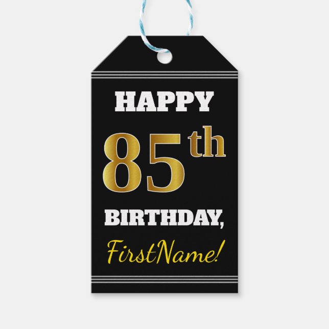 Étiquettes-cadeau Noir, Faux Or 85e anniversaire + Nom personnalisé (Devant)