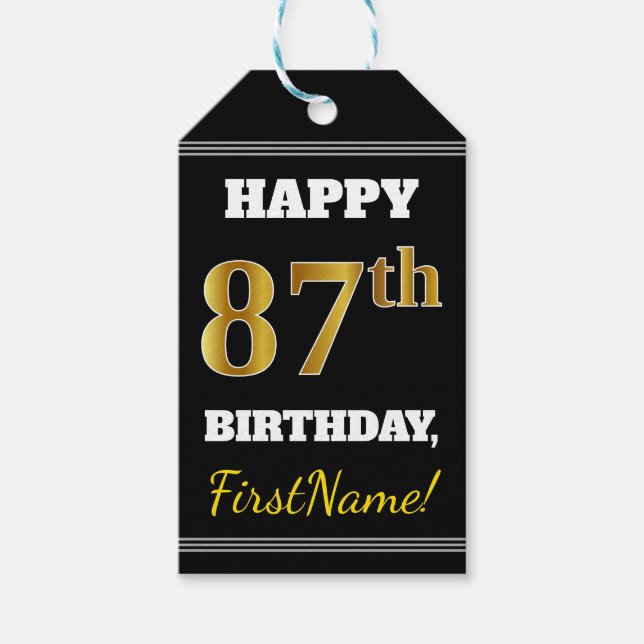 Étiquettes-cadeau Noir, Faux Or 87e anniversaire + Nom personnalisé (Devant)