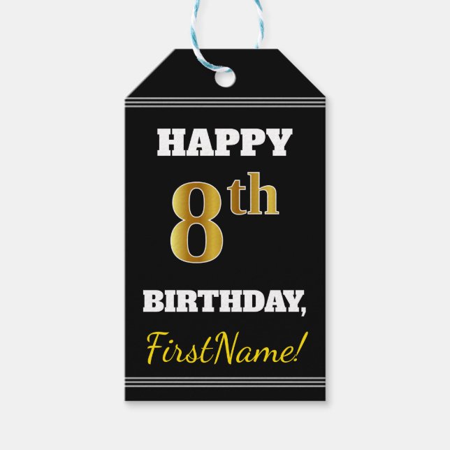 Étiquettes-cadeau Noir, Faux Or 8ème anniversaire + Nom personnalisé (Devant)