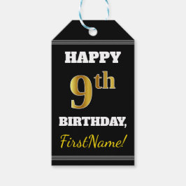 Étiquettes-cadeau Noir, Faux Or 9e anniversaire + Nom personnalisé