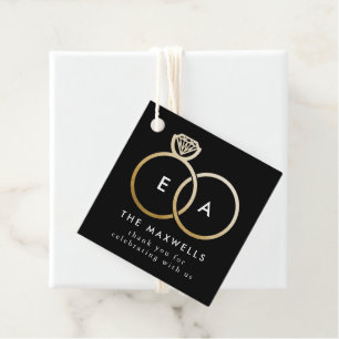 Étiquettes Cadeau Noir Moderne Monogramme Anneaux Mariages dorés
