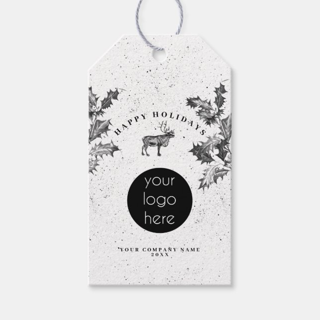 Étiquettes-cadeau Noir Rustique Blanc Vacances Affaires Logo Noël (Devant)