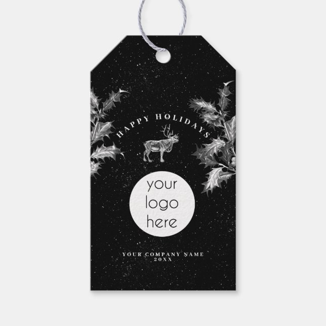 Étiquettes-cadeau Noir Rustique Blanc Vacances Affaires Logo Noël (Devant)