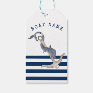 Étiquettes-cadeau Nom de bateau nautique, Dauphin d'ancre Bleu marin