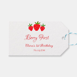Étiquettes-cadeau nom de fraise rouge 1er anniversaire stylis