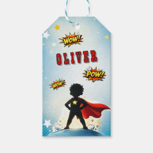 Étiquettes-cadeau Nom de garçon de super-héros de style BD pour anni