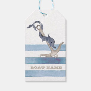Étiquettes-cadeau Nom du bateau, Ancre Dauphin Rayures Bleu Clair