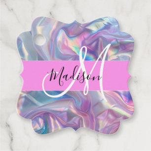 Étiquettes Cadeau Nom du monogramme d'iridescendance rose-fille