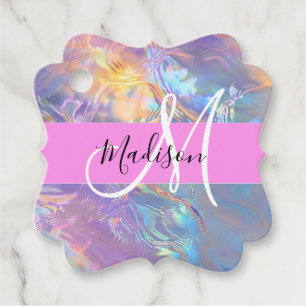 Étiquettes Cadeau Nom du monogramme d'iridescendance rose-fille