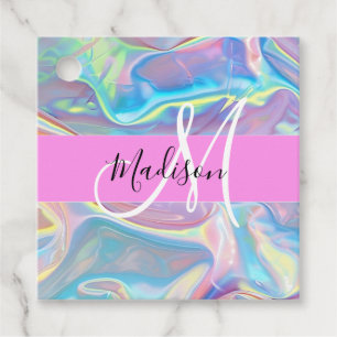 Étiquettes Cadeau Nom du monogramme d'iridescendance rose-fille
