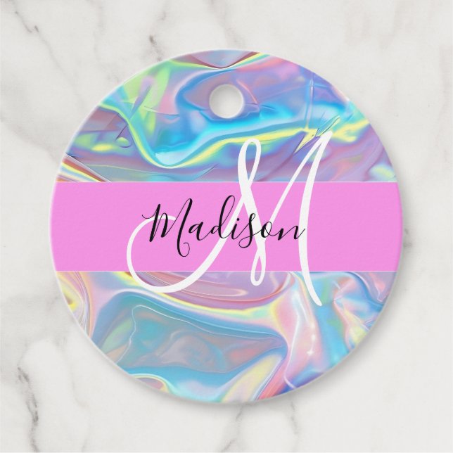 Étiquettes Cadeau Nom du monogramme d'iridescendance rose-fille (Devant)