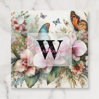 Étiquettes Cadeau Nom du monogramme Fleurs tropicales Aquarelle feui