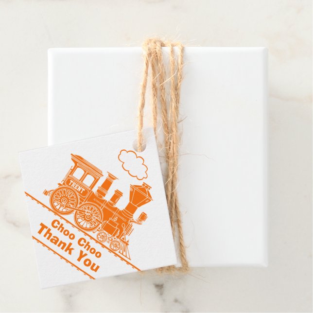 Étiquettes Cadeau Nom du train loco orange blanc anniversaire merci (En situation)