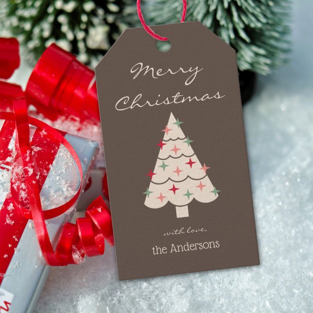 Étiquettes-cadeau Nom, Joyeux Noël Mid Century Arbre Moderne (Créateur téléchargé)