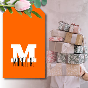 Étiquettes-cadeau Nom moderne élégant Initial Neon Sunset Orange