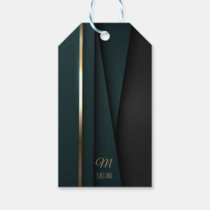 Étiquettes-cadeau Nom Monogramme Élégant Luxueux Vert Foncé Or