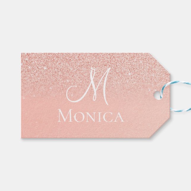 Étiquettes-cadeau Nom monogramme moderne avec paillettes rose scinti (Devant (Horizontal))