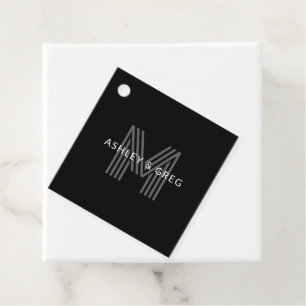 Étiquettes Cadeau Nom rétro moderne éditable monogramme noir et gris