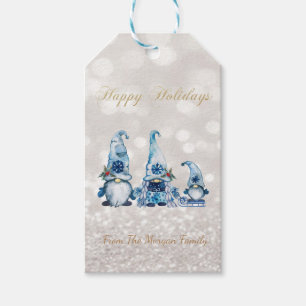 Étiquettes-cadeau Nordic Cute Blue Gnomes Parties scintillant Bokeh